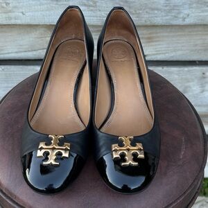 Tory Burch Black Flats with Gold Emblem